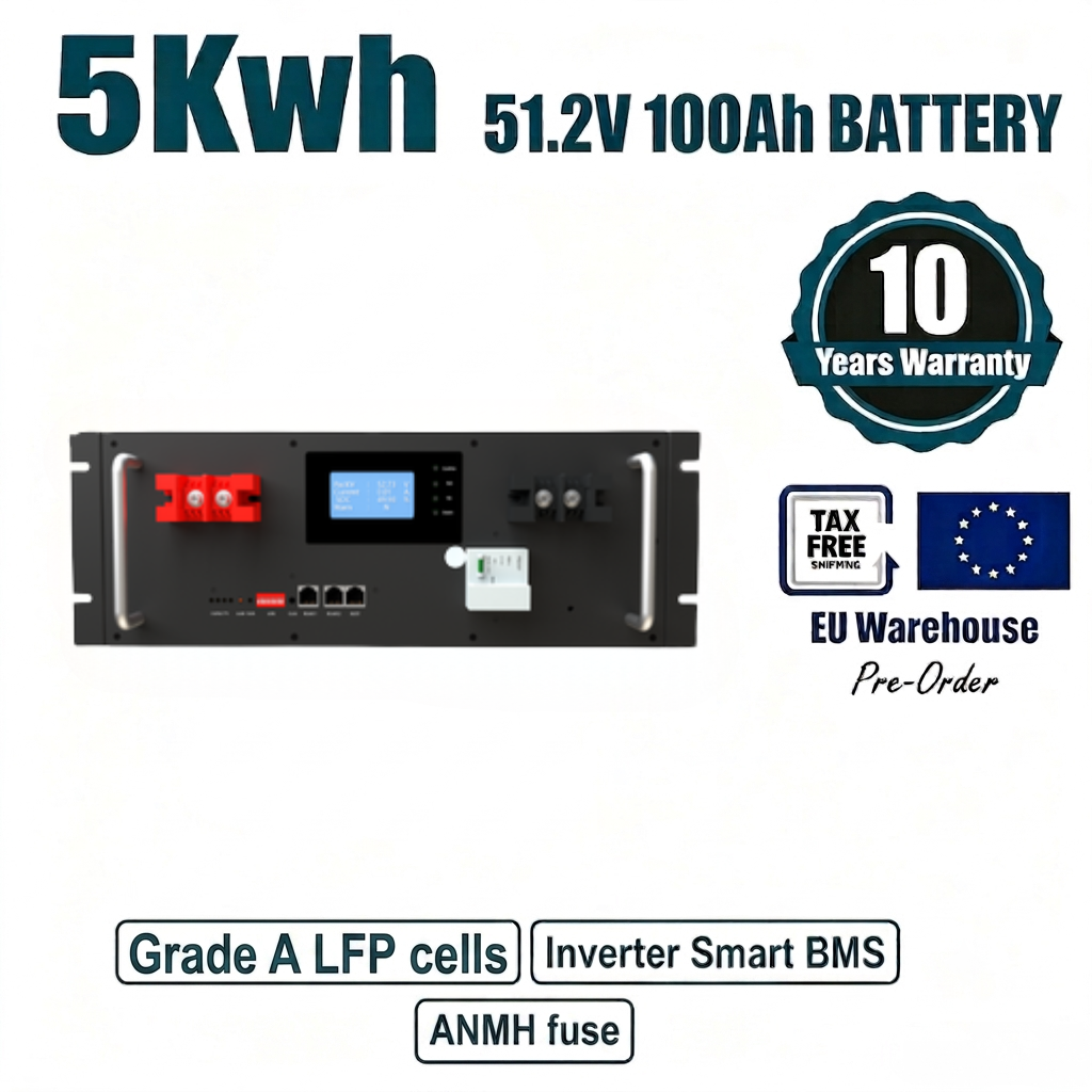 Batterie Lifepo4 48 V 51,2 V 105 Ah empilable 5 kWh pour stockage d'énergie solaire domestique