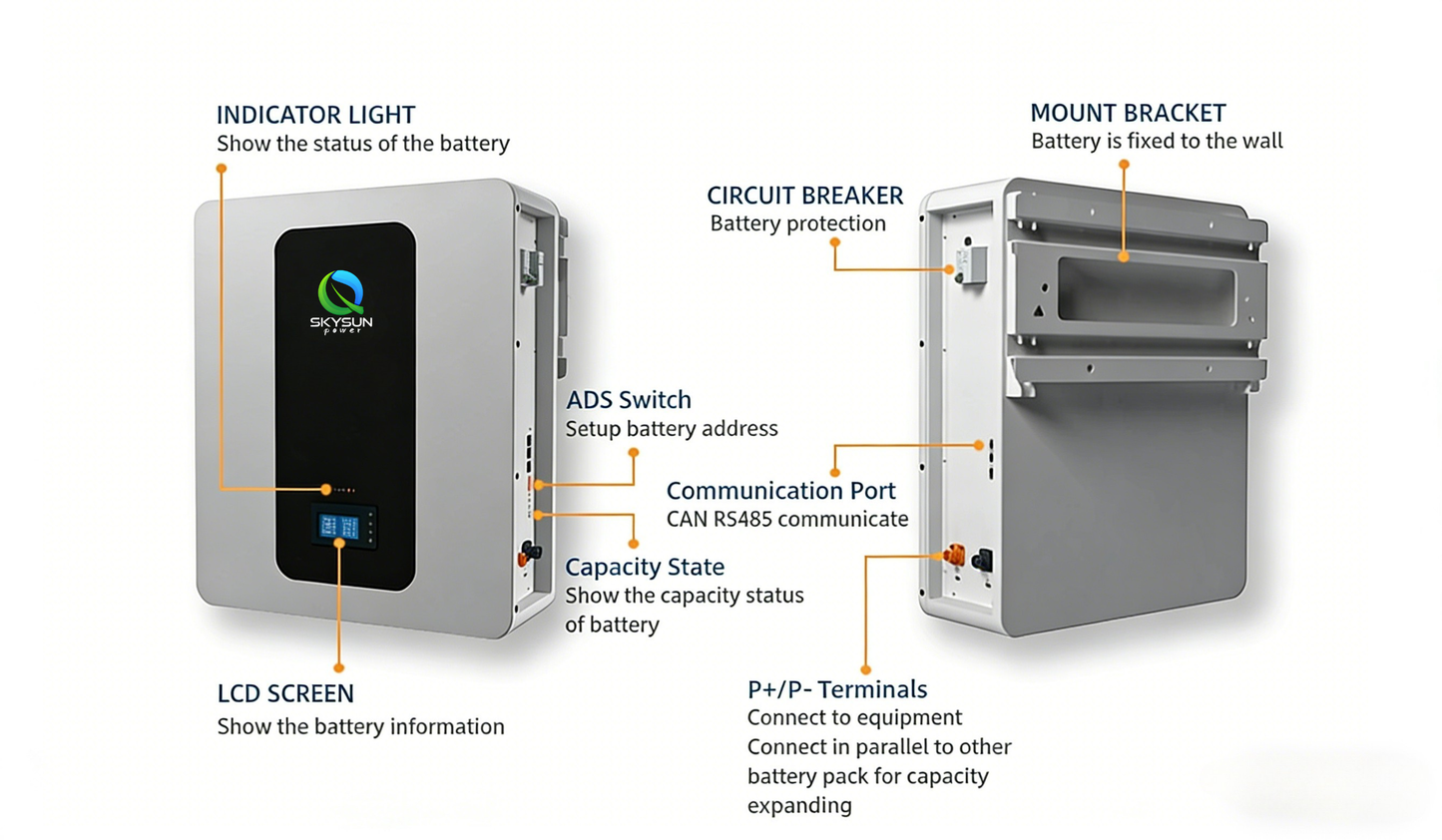 Batterie Lifepo4 48 V 51,2 V 105 Ah empilable 5 kWh pour stockage d'énergie solaire domestique